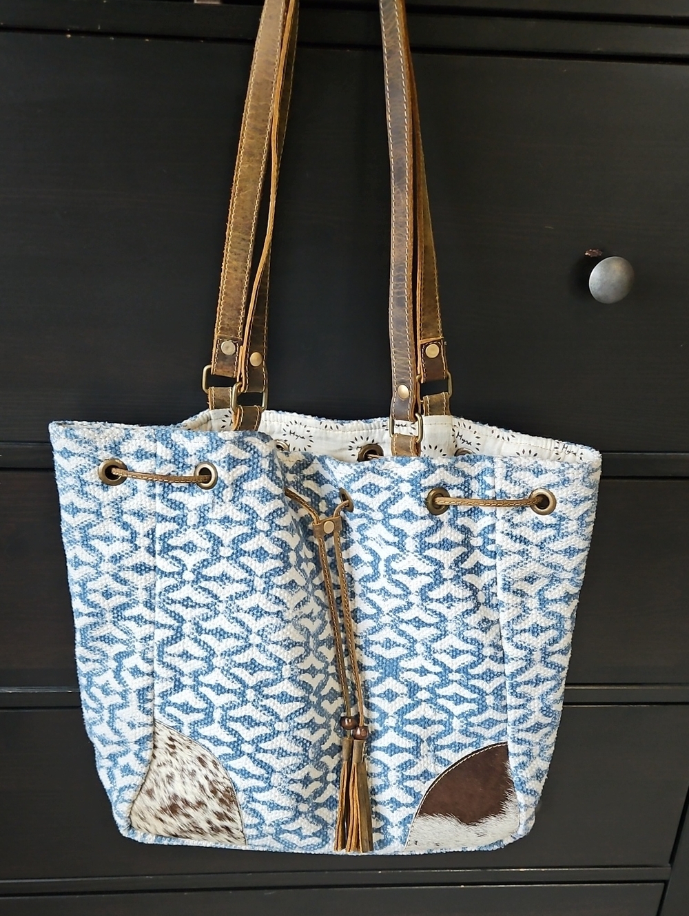 Myra Bag Blue and White Patterned Tote with Brown Leather Accents